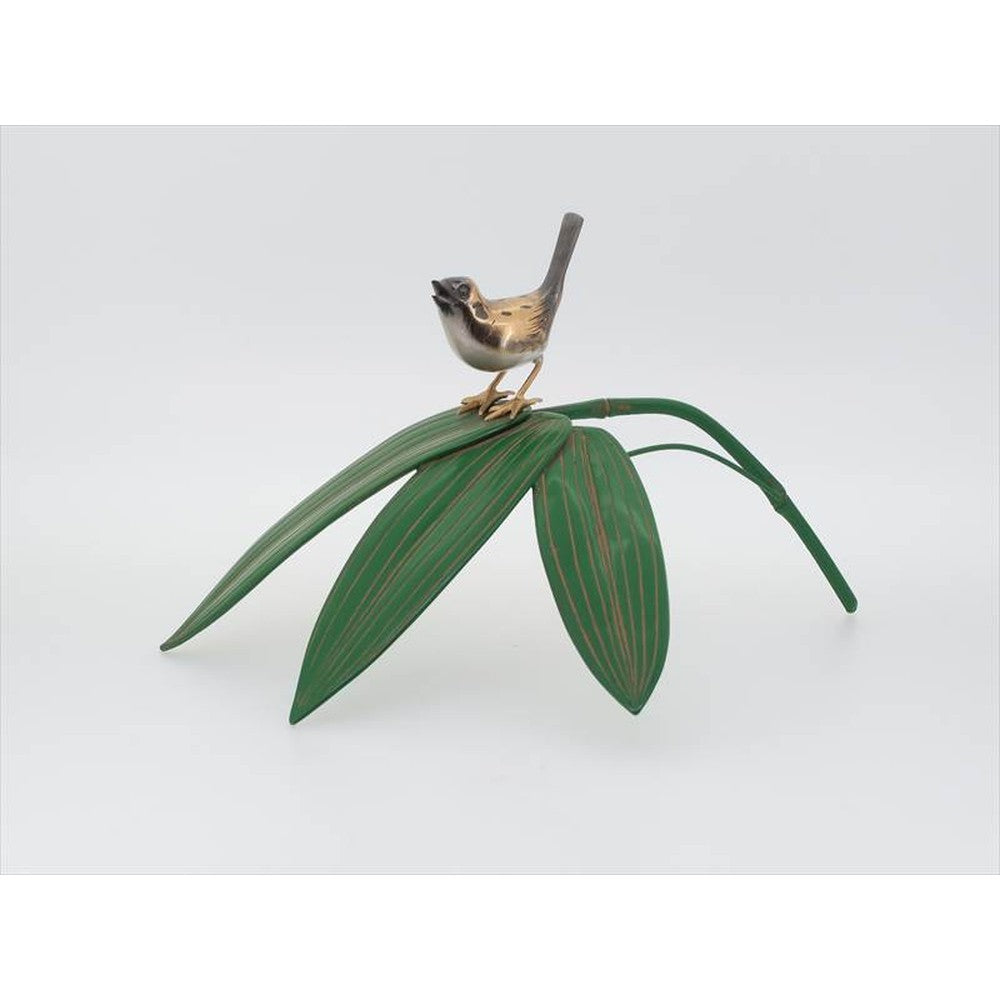 Japanese Ornament – Copper Okimono - Bamboo Grass with Sparrow