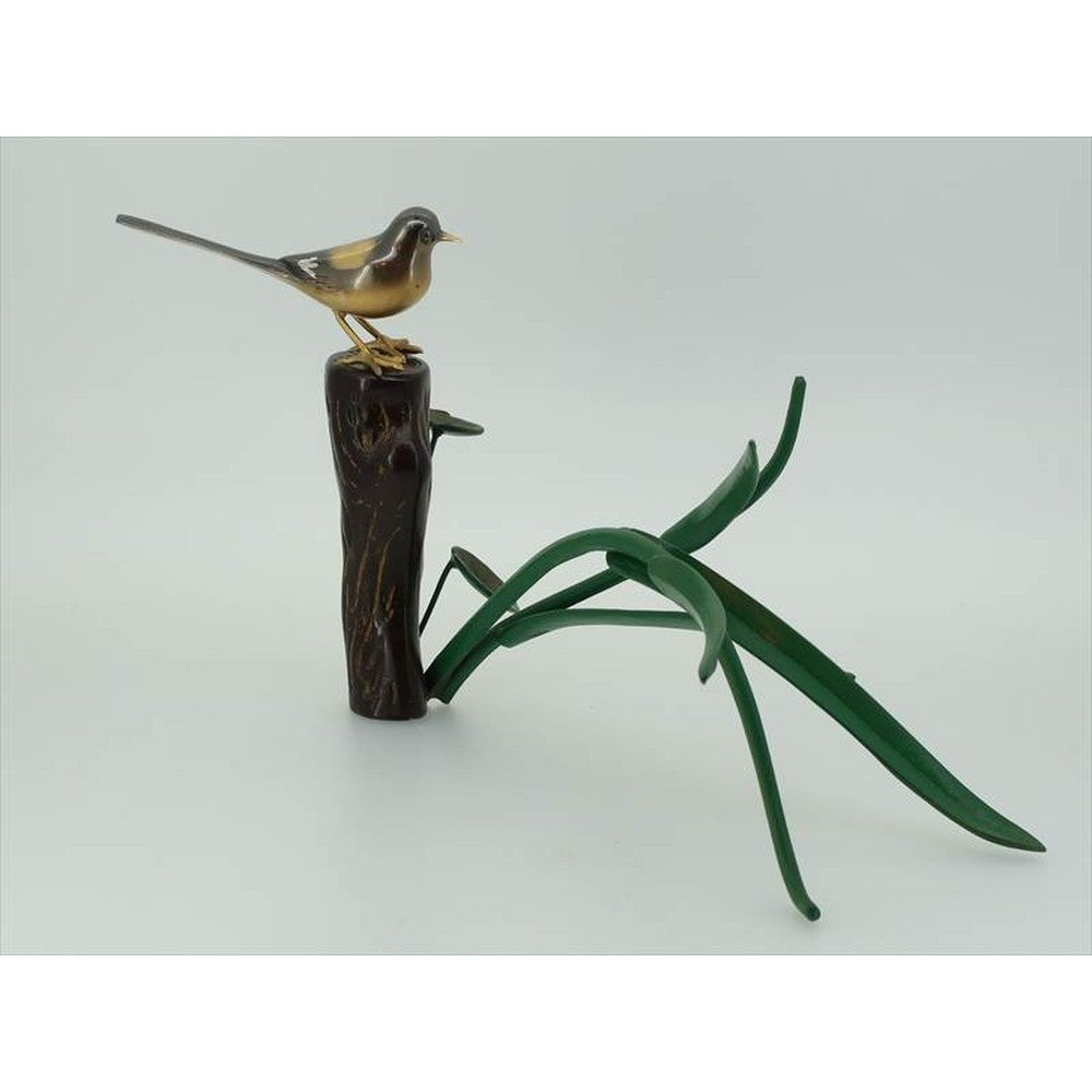 Japanese Bird Figurine – Copper Okimono - Reed with Wagtail, Brass Figurine