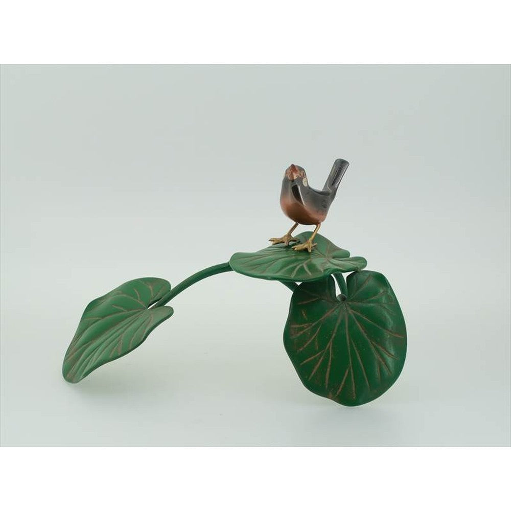 Japanese Ornament – Copper Okimono - Butterbur Leaf with Java Sparrow