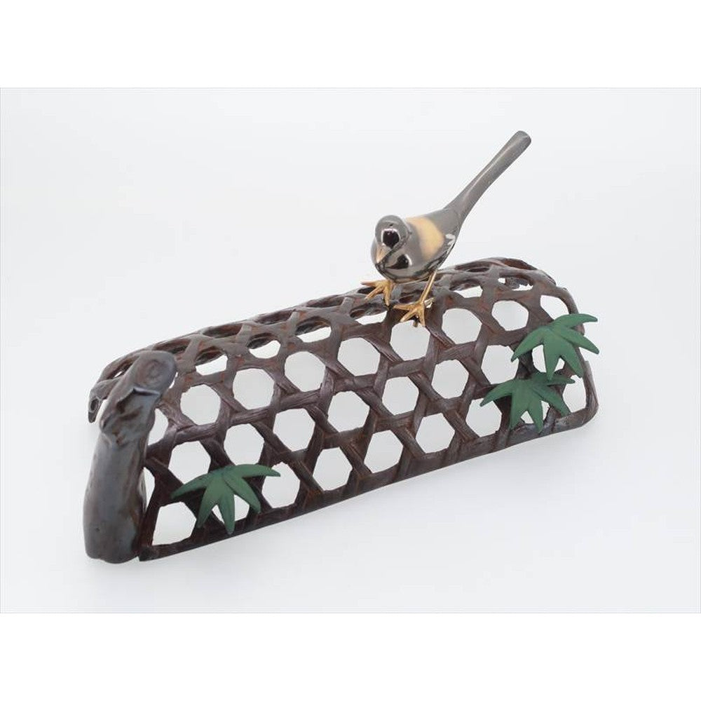 Japanese Bird Figurine – Copper Okimono - Snake Cage Basket with Wagtail, Brass Figurine