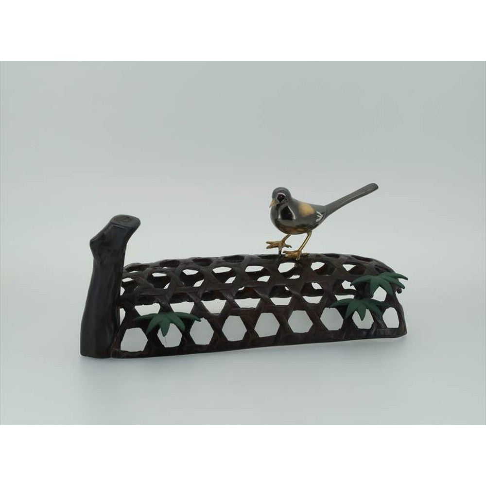 Japanese Bird Figurine – Copper Okimono - Snake Cage Basket with Wagtail, Brass Figurine