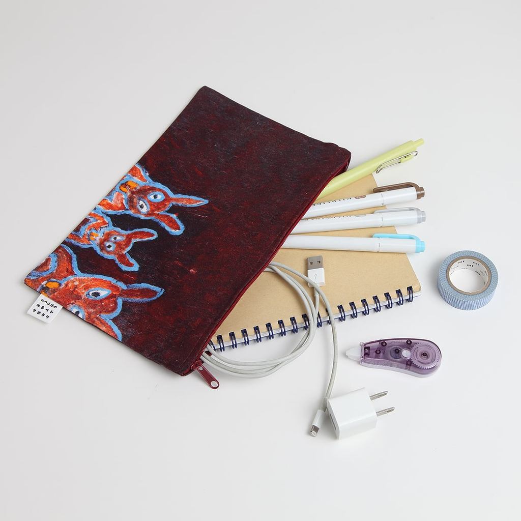 Japanese Cotton Pouch – Flat Zip Case, Three Cats Art by Itsuo Ozasa