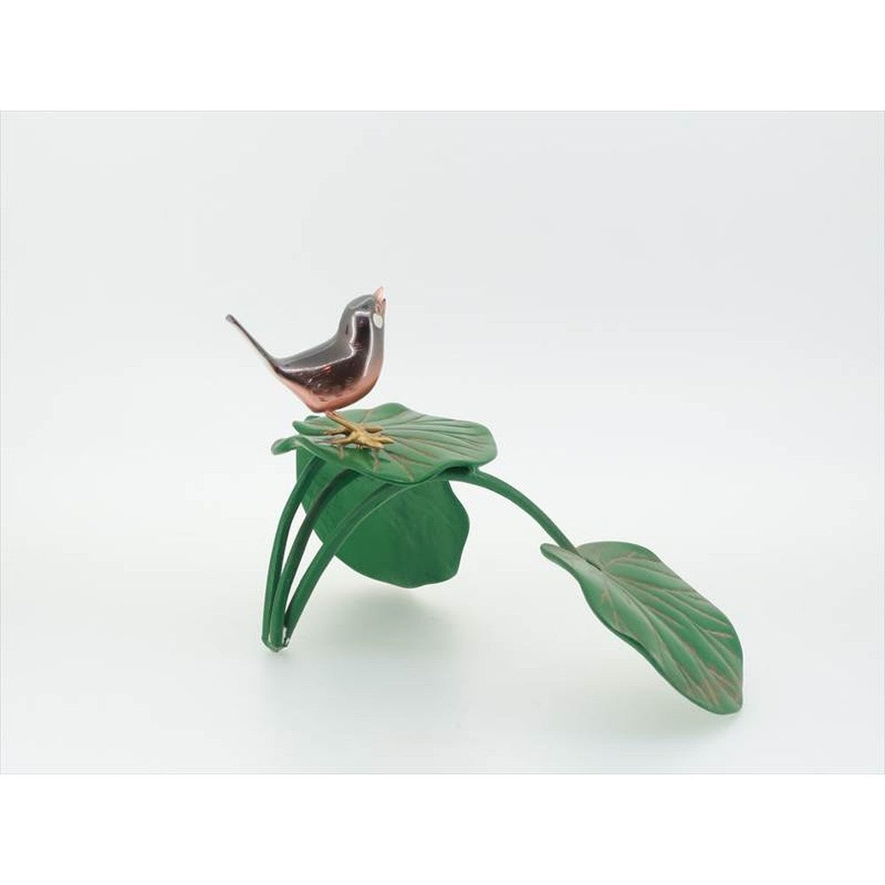 Japanese Ornament – Copper Okimono - Butterbur Leaf with Java Sparrow