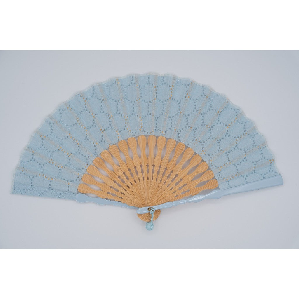 Japanese Hand Fan – Fabric Folding Cotton Lace (Light Blue), Gift
