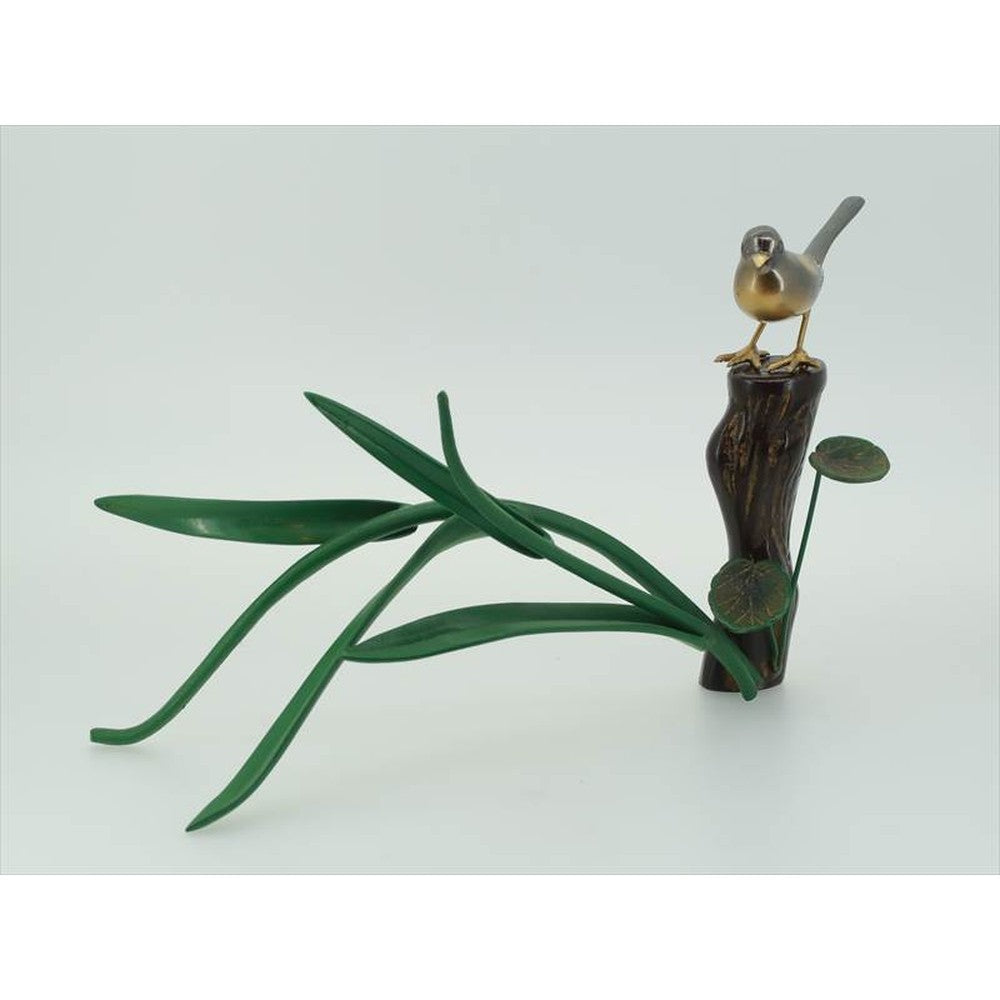 Japanese Bird Figurine – Copper Okimono - Reed with Wagtail, Brass Figurine