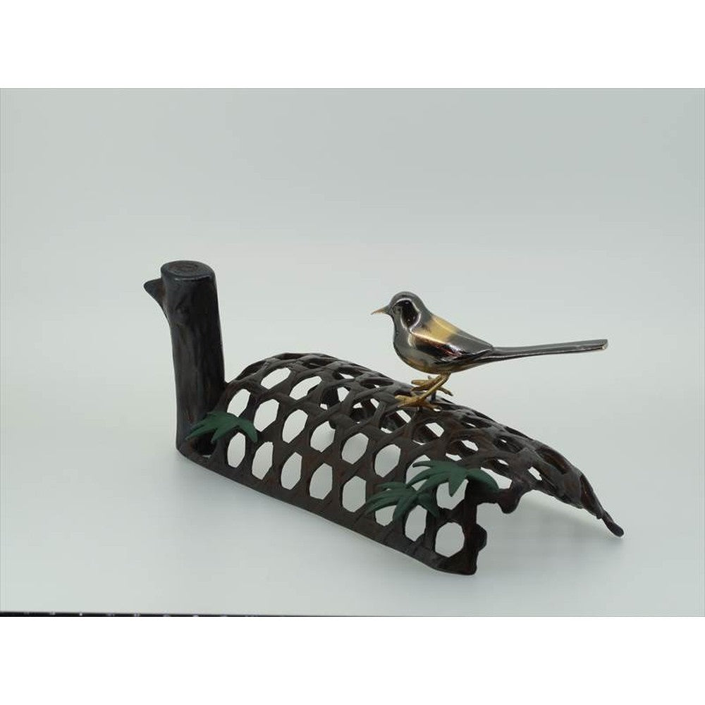 Japanese Bird Figurine – Copper Okimono - Snake Cage Basket with Wagtail, Brass Figurine
