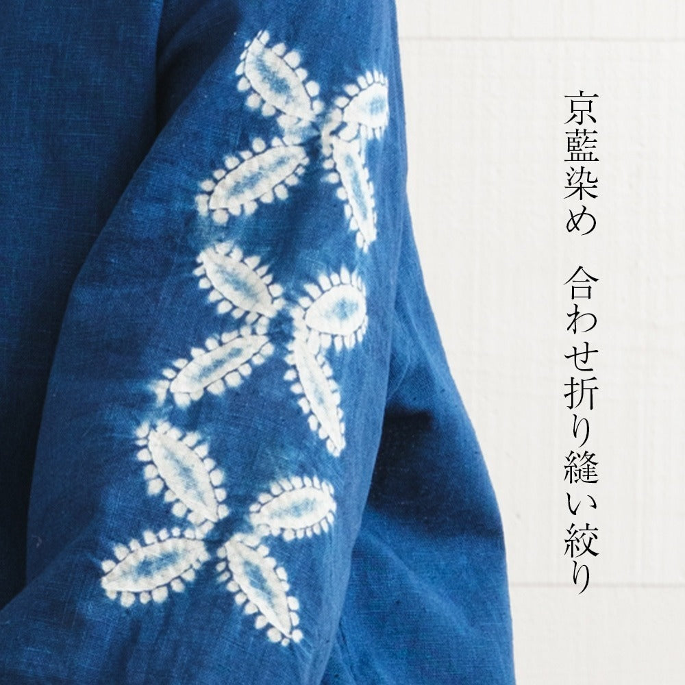 Japanese Cotton Linen Blouse for Women – Indigo Floral Hand-Dyed Top