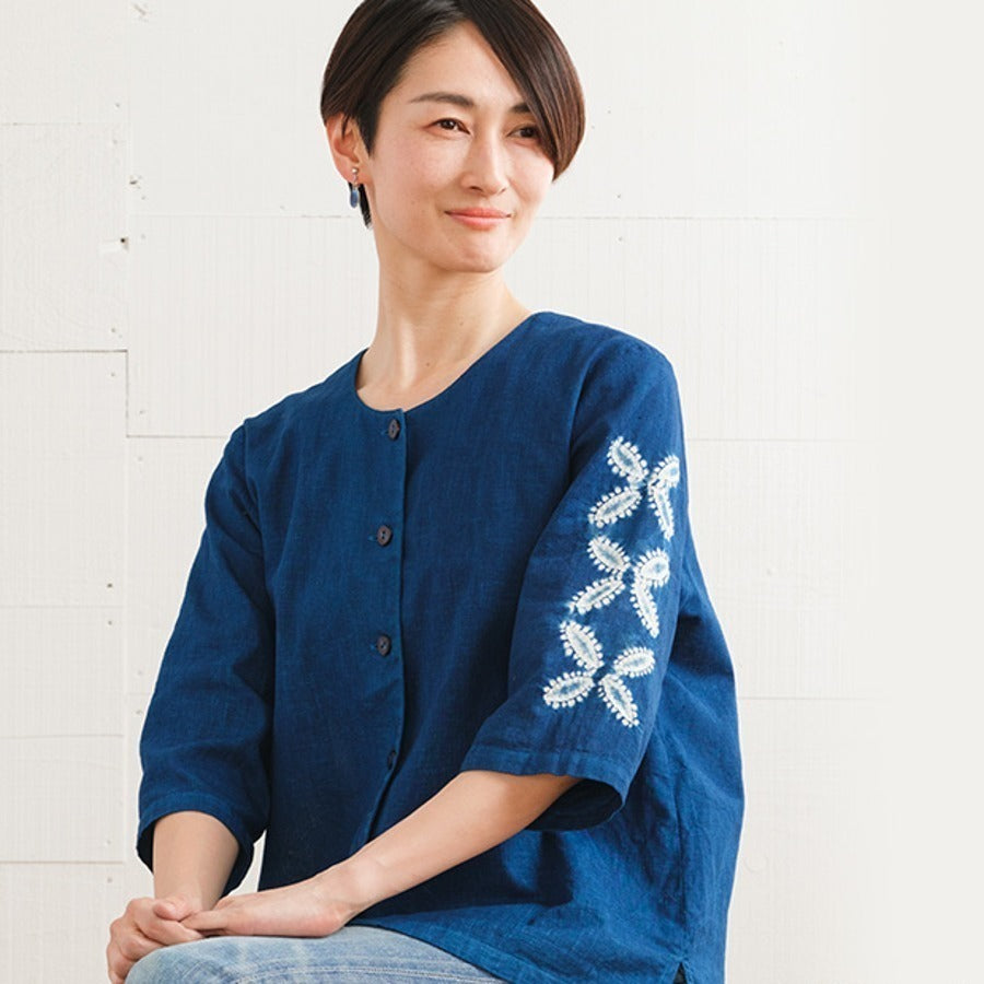 Japanese Cotton Linen Blouse for Women – Indigo Floral Hand-Dyed Top
