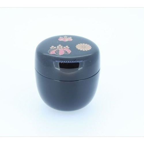 Japanese Tea Caddy – Natsume - Black Lacquer, Pink Fan Makie