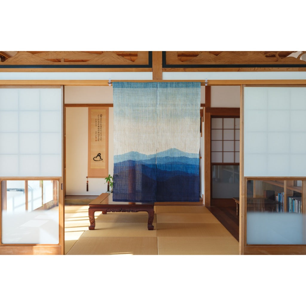 Japanese Linen Noren Curtain – Mountain Range Indigo Shibori Door Curtain