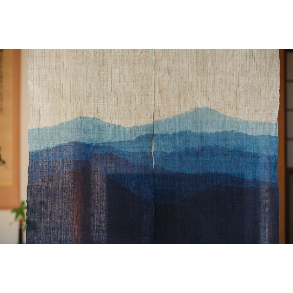 Japanese Linen Noren Curtain – Mountain Range Indigo Shibori Door Curtain
