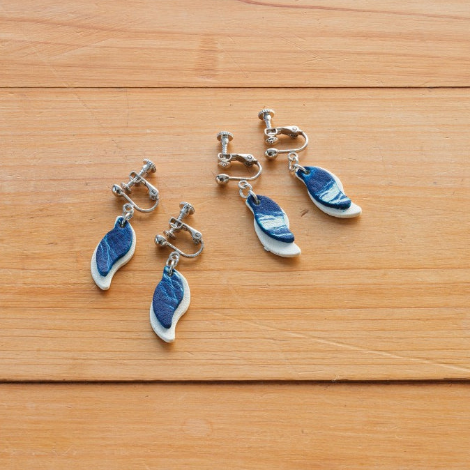Japanese Leather Earrings – Indigo Hand-Dyed, Pierced or Clip On, Hypoallergenic
