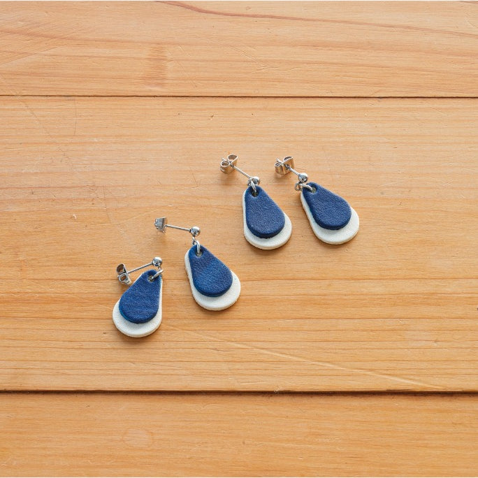 Japanese Leather Earrings – Indigo Hand-Dyed, Pierced or Clip On, Hypoallergenic