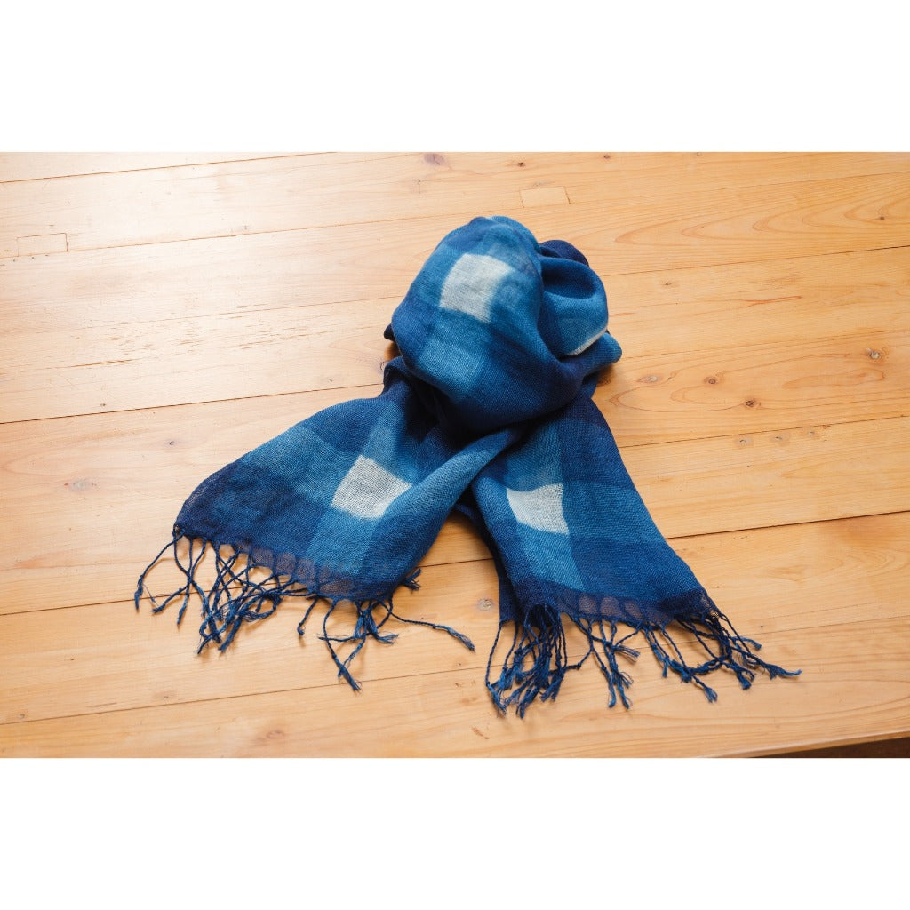 Japanese Linen Scarf for Women – Indigo Check Hand-Dyed Shawl